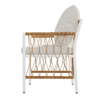 Modernes 7-teiliges Gartenmöbel-Set, weißes Eisengestell mit geflochtenen Armlehnen, 1 Tisch + 6 Stühle, Beige+Naturfarbe(m-10)