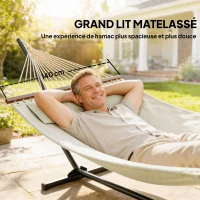 Outsunny Hamac sur pied, hamac avec support en acier, oreiller, barres d'écartement, 368 x 140 x 110 cm, crème(m-4)