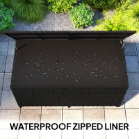 Outsunny 650L Garden Storage Box with 2 Wheels, Rattan Deck Box with Waterproof Zipped Liner, Safe Pneumatic Rods, Black(m-5)