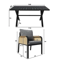 Modernes 6-teiliges Garten- und Terrassen-Esstisch-Set, kreuzförmigem Eisengestell, Schwarz+Naturfarbe(m-3)
