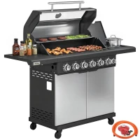 Outsunny 6+1 Burner Gas BBQ Grill, Outdoor Barbecue Trolley with Wheels, Warming Rack, Thermometer, Bottle Opener, Silver Tone(m-10)