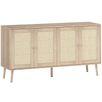 HOMCOM Bufet pentru living, mobilier de depozitare cu uși cu împletitură (cannage) și poliță reglabilă 140 x 40 x 75 cm, aspect lemn natural(m-1)
