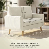 HOMCOM Sofá de 2 Lugares em Veludo 134 cm com Pés de Madeira Encosto Espesso Sofá Moderno para Sala Quarto Creme(m-3)