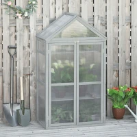 Outsunny 80 x 47 x 138 cm Polycarbonate Greenhouse with Adjustable Shelves Double Doors Openable Top Covers Garden for Flower Vegetable Plants Grey(m-10)