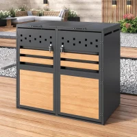 Mülltonnenbox mit hydraulischem Klappdeckel, abschließbaren Doppeltüren und zwei Fächern, 132x80x120 cm, Grau+Naturfarbe(m-5)