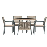 Conjunto de muebles de jardín moderno de 5 piezas, mesa redonda con tablero de vidrio templado, 4 sillas con reposabrazos y respaldo de cuerda, Gris(m-7)