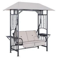 Outsunny Balancelle de Jardin 2 Places Style Colonial Grand Confort Matelas + tablettes Supports métal époxy Gris foncé Polyester Gris Clair(m-14)