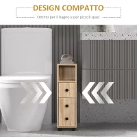 Kleankin Armadietto da Bagno a Colonna, Mobile Bagno con 4 Ruote, 1 Cassetto 1 Armadietto con Anta 2 Armadietti Aperti, Color Rovere, 18x30x68.5 cm(m-6)
