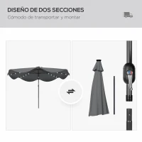 Outsunny Sombrilla de Jardín Manual Ø292x254 cm con 32 Luces LED Solares 8 Varillas Impermeable y Rejillas de Ventilación Gris(m-8)