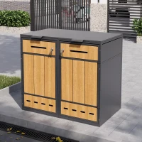 Mülltonnenbox mit Belüftungslöchern, für 2x 120–240 l und den Außenbereich geeignet, 132x84,5x118 cm, Grau+Naturfarbe(m-2)