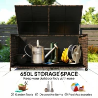 Outsunny 650L Garden Storage Box with 2 Wheels, Rattan Deck Box with Waterproof Zipped Liner, Safe Pneumatic Rods, Mixed Brown(m-4)