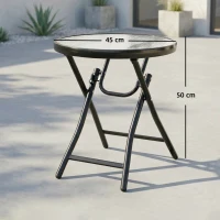 Outsunny Foldable Garden Table, Round Folding Table with Glass Tabletop and Safety Buckle for Patio, Garden, Outdoor, Indoor, Black(m-16)