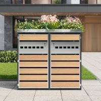 Mülltonnenbox mit integriertem Pflanztrog und Belüftung, abschließbarer zweiteiliger 2-türiger Schrank, 132x80x124,5 cm, Grau+Naturfarbe(m-2)