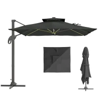 Outsunny Parasol déporté rectangulaire parasol LED inclinable pivotant manivelle acier alu. dim. 3L x 3l x 2,66H m polyester gris(m-1)