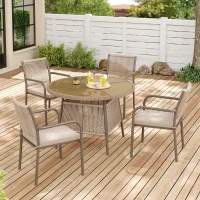 Conjunto de muebles de jardín moderno de 5 piezas, mesa redonda con tablero de vidrio templado, 4 sillas con reposabrazos y respaldo de cuerda, Marrón(m-4)