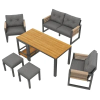 Set de sofá moderno para exterior, mesa desmontable, reposabrazos trenzados y cojines de asiento gruesos, Gris+Color natural(m-6)