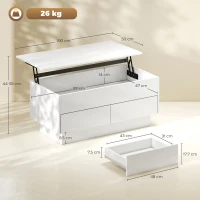 HOMCOM Masă de cafea rabatabilă, masă de salon cu compartiment ascuns și 2 sertare, 100 x 50 x 44 cm, blanc(m-3)