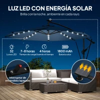 Outsunny Parasol Excéntrico con Luces LED Solares Ø345 cm Sombrilla Jardín de Aluminio con Base Cruzada Manivela Funda Azul(m-4)