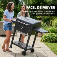 Outsunny Barbecue a Carvão Portátil com Bandeja e Ventilação Ajustável Grelha Grande Prateleiras Laterais Termómetro 112x65x115 cm Preto(m-9)