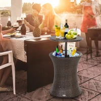 Outsunny Seau à glace table basse 2 en 1 Ø 48 x 83H cm métal époxy résine tressée imitation rotin marron(m-10)