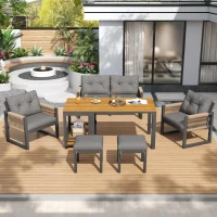 Set de sofá moderno para exterior, mesa desmontable, reposabrazos trenzados y cojines de asiento gruesos, Gris+Color natural(m-4)