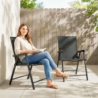 Outsunny Folding Garden Chairs Set of 2, Foldable Garden Dining Chairs with High Back, Armrests, Texteline Seat, Black(m-8)