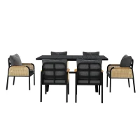 Modernes 6-teiliges Garten- und Terrassen-Esstisch-Set, kreuzförmigem Eisengestell, Schwarz+Naturfarbe(m-6)