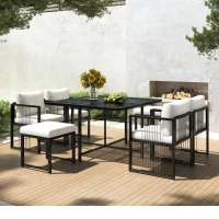 7-teiliges Garten-Essset für 6 Personen, Tisch aus gehärtetem Glas, 4 geflochtene Sessel und 2 Fußhocker, Schwarz+Weiß(m-4)