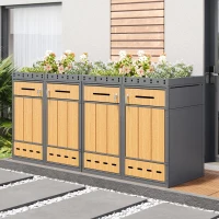 Mülltonnenbox mit Pflanztrog, für 4 Mülltonnen, Frontzugang mit Schloss und Griff, 264x80x124 cm, Grau+Naturfarbe(m-2)