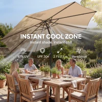 Outsunny 2.7 m Garden Parasol Umbrella with Cross Base and Sandbag, Retractable Ribs, Outdoor Table Market Umbrella, Khaki(m-8)