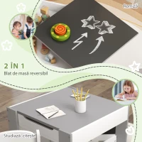 HOMCOM Set Masă pentru Copii și 2 Scaune, Blat 3 în 1 cu Tablă de Scris și Spații de Depozitare, Gri(m-4)