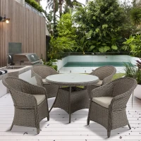Outsunny 4 Seater Rattan Garden Furniture Set with Cushions, Round PE Rattan Dining Set with Glass-Top Table, Umbrella Hole, Outdoor Garden Table and Chairs, Mixed Grey(m-2)