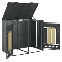 Mülltonnenbox mit hydraulischem Klappdeckel, abschließbaren Türen und zwei Fächern, 132x80x118,5 cm, Grau+Naturfarbe(m-6)