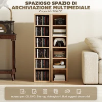 HOMCOM Set 2 Mobili Porta CD a 6 Ripiani Regolabili per 204 CD in Legno, 21x22.5x88.5 cm, Color Legno(m-4)