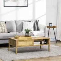 HOMCOM Table basse rectangulaire table de salon avec multi-rangements niche et tiroir portes effet cannage rotin tissé(m-10)