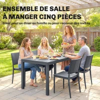 Outsunny Salon de Jardin 4 Personnes avec Chaises Empilables Plateau à Lattes PP Gris Anthracite(m-4)
