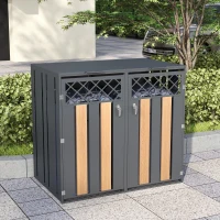 Mülltonnenbox mit hydraulischem Klappdeckel und abschließbarer Front, zwei getrennte Fächer, 132x80x118,5 cm, Grau+Naturfarbe(m-5)