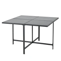 7-teiliges Garten-Essset für 6 Personen, Tisch aus gehärtetem Glas, 4 geflochtene Sessel und 2 Fußhocker, Schwarz+Weiß(m-7)