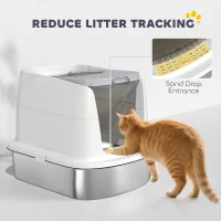PawHut Large Stainless Steel Litter Box, Enclosed Metal Cat Litter Tray with Scoop, Deodoriser Bag, Front-Entry and Top-Exit(m-6)