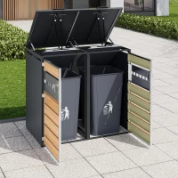 Mülltonnenbox mit hydraulischem Klappdeckel, mit 2 separaten Fächern und abschließbaren Türen, 132x80x118,5 cm, Grau+Naturfarbe(m-4)