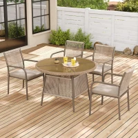 Conjunto de muebles de jardín moderno de 5 piezas, mesa redonda con tablero de vidrio templado, 4 sillas con reposabrazos y respaldo de cuerda, Marrón(m-5)