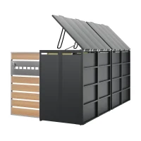 Mülltonnenbox mit hydraulischem Klappdeckel, 4 Fächern und separaten abschließbaren Türen, 264x80x118,5 cm, Grau+Naturfarbe(m-7)