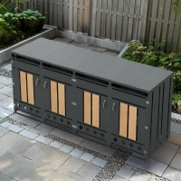 Mülltonnenbox mit hydraulischem Klappdeckel, 4 Fächer, abschließbare Türen, 264x80x118.5 cm, Grau+Naturfarbe(m-5)