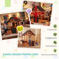 AIYAPLAY Casă de joacă pentru exterior din lemn cu masă bănci stație de spălat fereastră ușă suport ghiveci pentru 3-8 ani maro deschis(m-5)