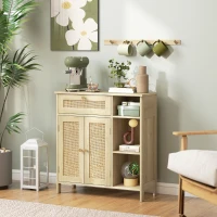 HOMCOM Bufet, mobilier de depozitare, 2 uși din ratan, sertar, nișe deschise, polițe reglabile, 75x30x79,5cm, lemn natural(m-6)