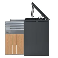 Mülltonnenbox mit hydraulischem Klappdeckel, zweiteiliges Design für 2 Mülltonnen, 132x80x118,5 cm, Grau+Naturfarbe(m-8)