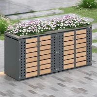 Mülltonnenbox 4‑fach, abschließbar mit integriertem Pflanzkasten, 264x80x124.5 cm, Grau+Naturfarbe(m-5)