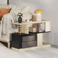 HOMCOM Măsuță laterală în formă de S, măsuță de canapea cu 3 niveluri și rafturi de depozitare, 90 x 30 x 61 cm, efect lemn natural negru(m-6)