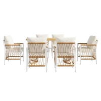 Modernes 7-teiliges Gartenmöbel-Set, weißes Eisengestell mit geflochtenen Armlehnen, 1 Tisch + 6 Stühle, Beige+Naturfarbe(m-6)