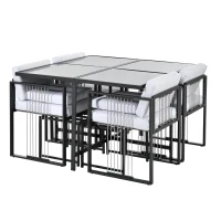 7-teiliges Garten-Essset für 6 Personen, Tisch aus gehärtetem Glas, 4 geflochtene Sessel und 2 Fußhocker, Schwarz+Weiß(m-6)